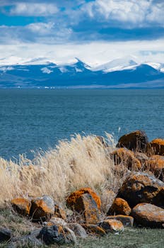 Breathtaking view of snowcapped mountains overlooking a tranquil blue lake with rocky shores and grassy foreground.