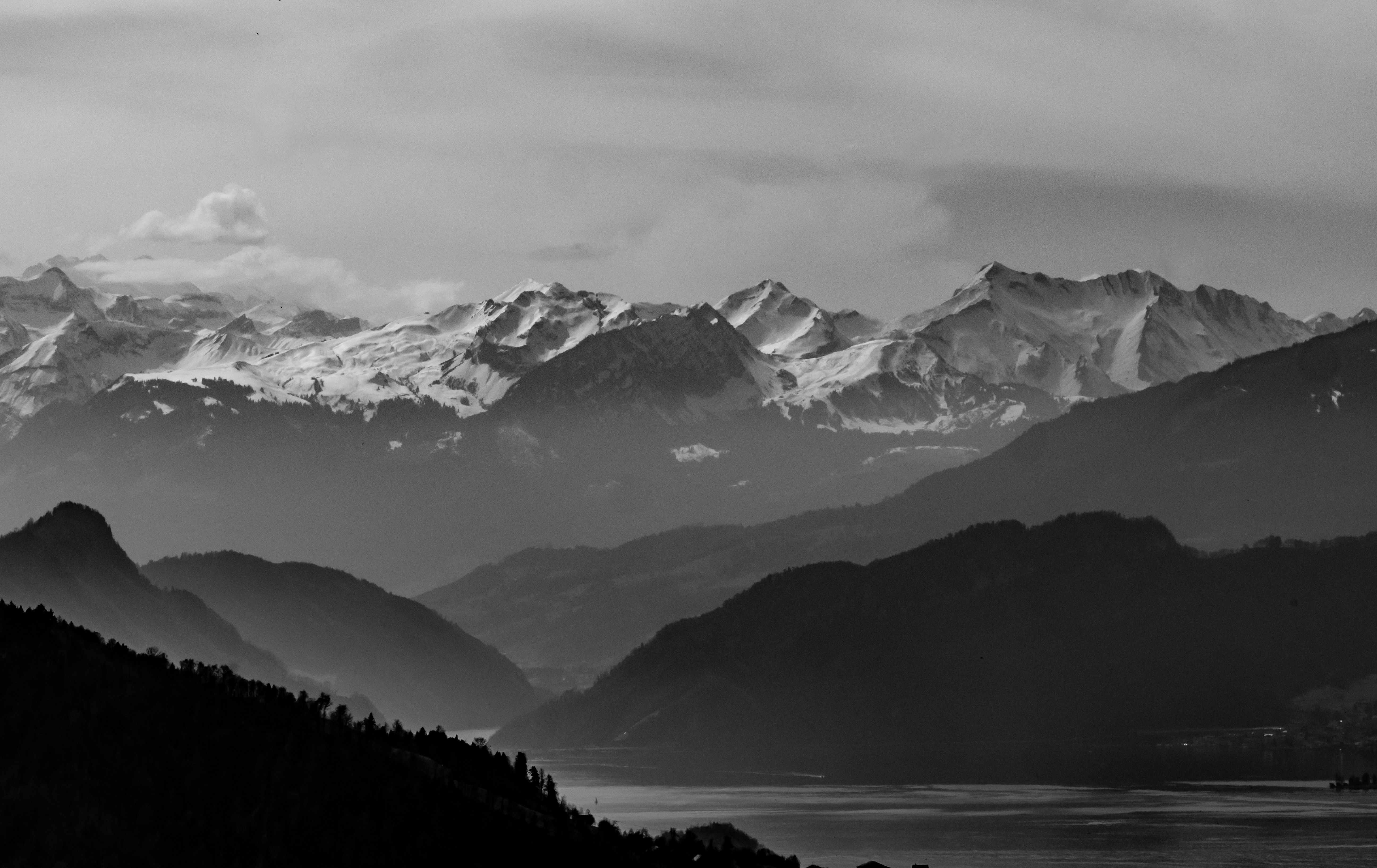 Mountains and Lake River in Black and White · Free Stock Photo
