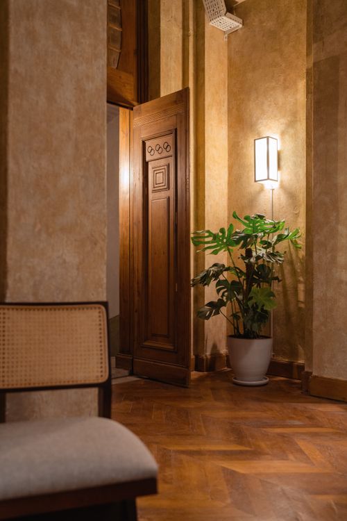 Free A cozy, vintage-style room featuring a wooden door, plant, and elegant lighting fixtures. Stock Photo