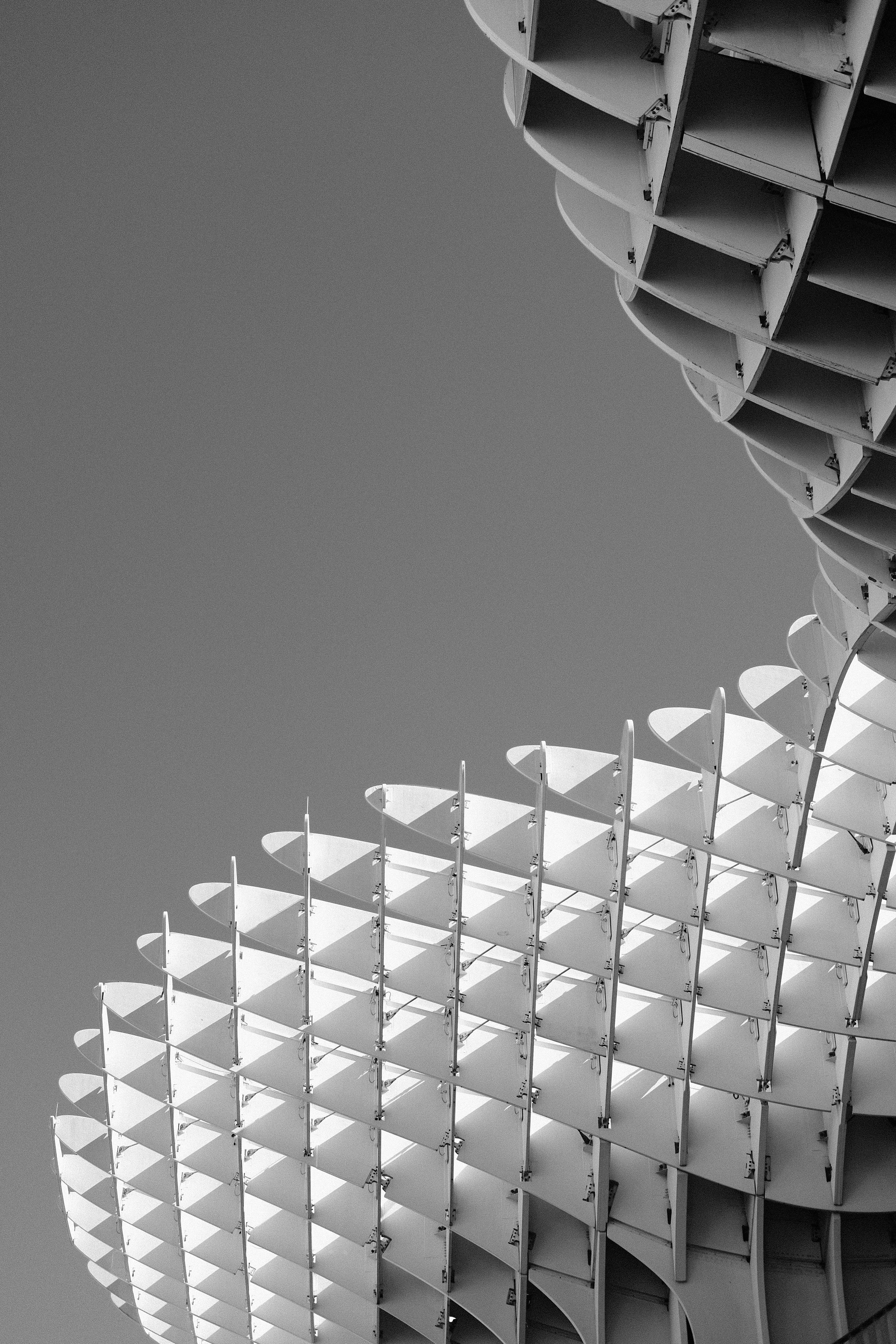 Black and white abstract view of the Metropol Parasol in Seville, showcasing modern architecture.