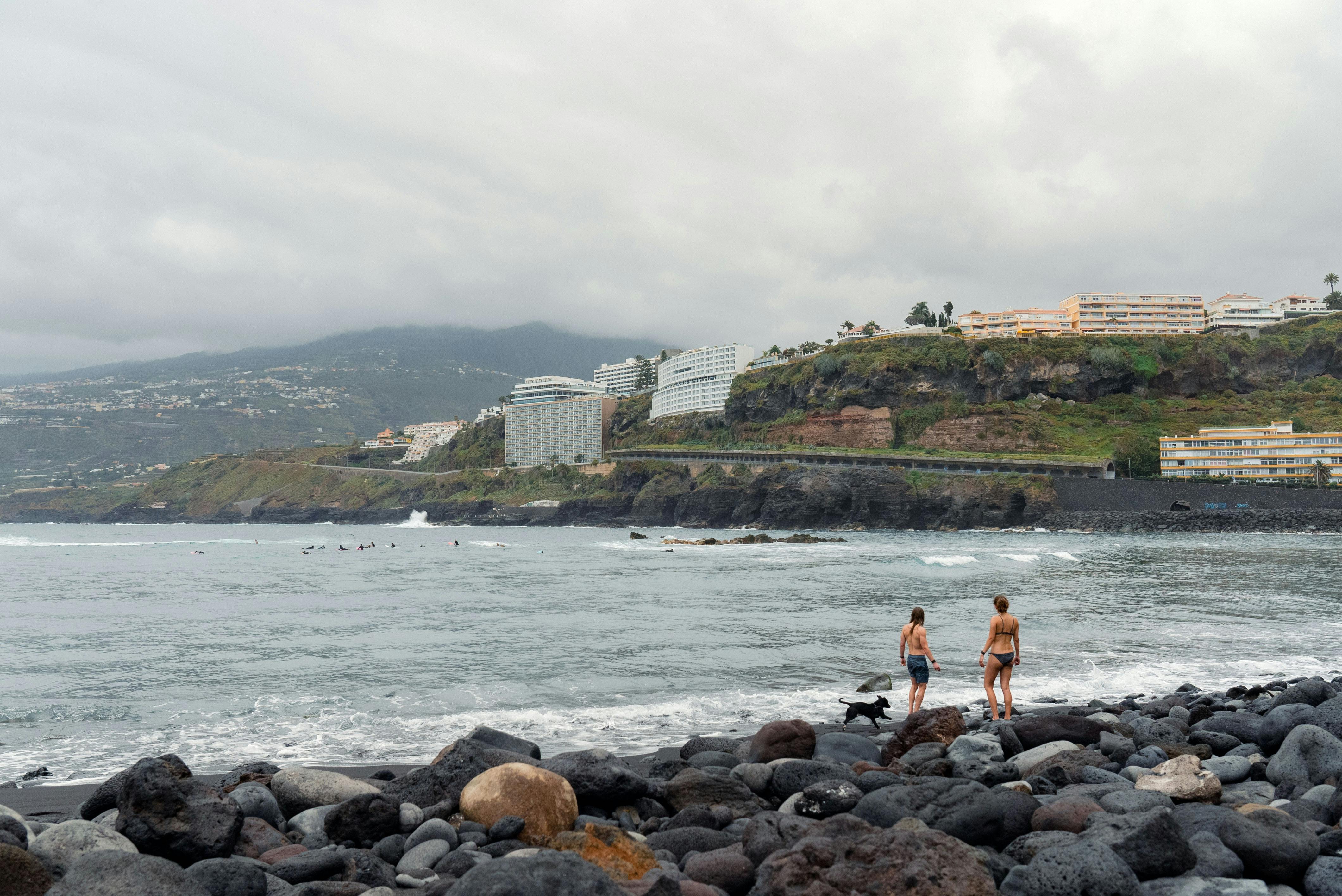 couple with dog at stony beach