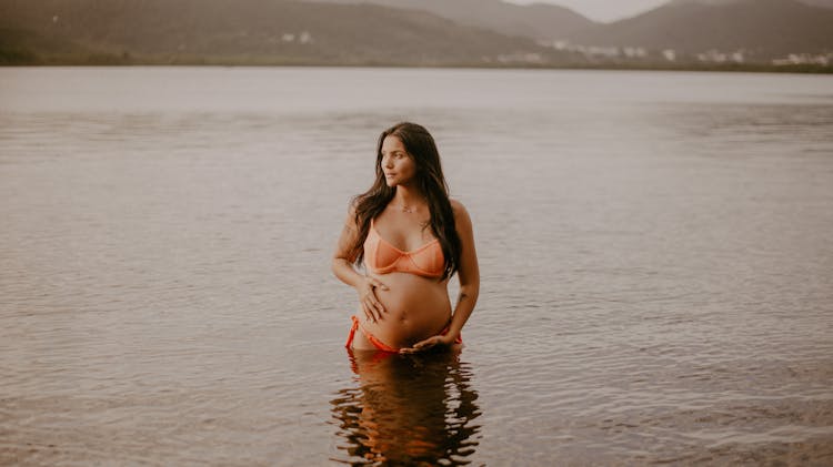 Brunette, Pregnant Woman In Bikini In Lake