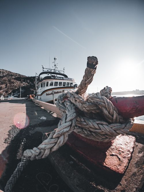 Free A boat docked at St. John's harbor, showcasing a knotted rope on a sunny day. Stock Photo