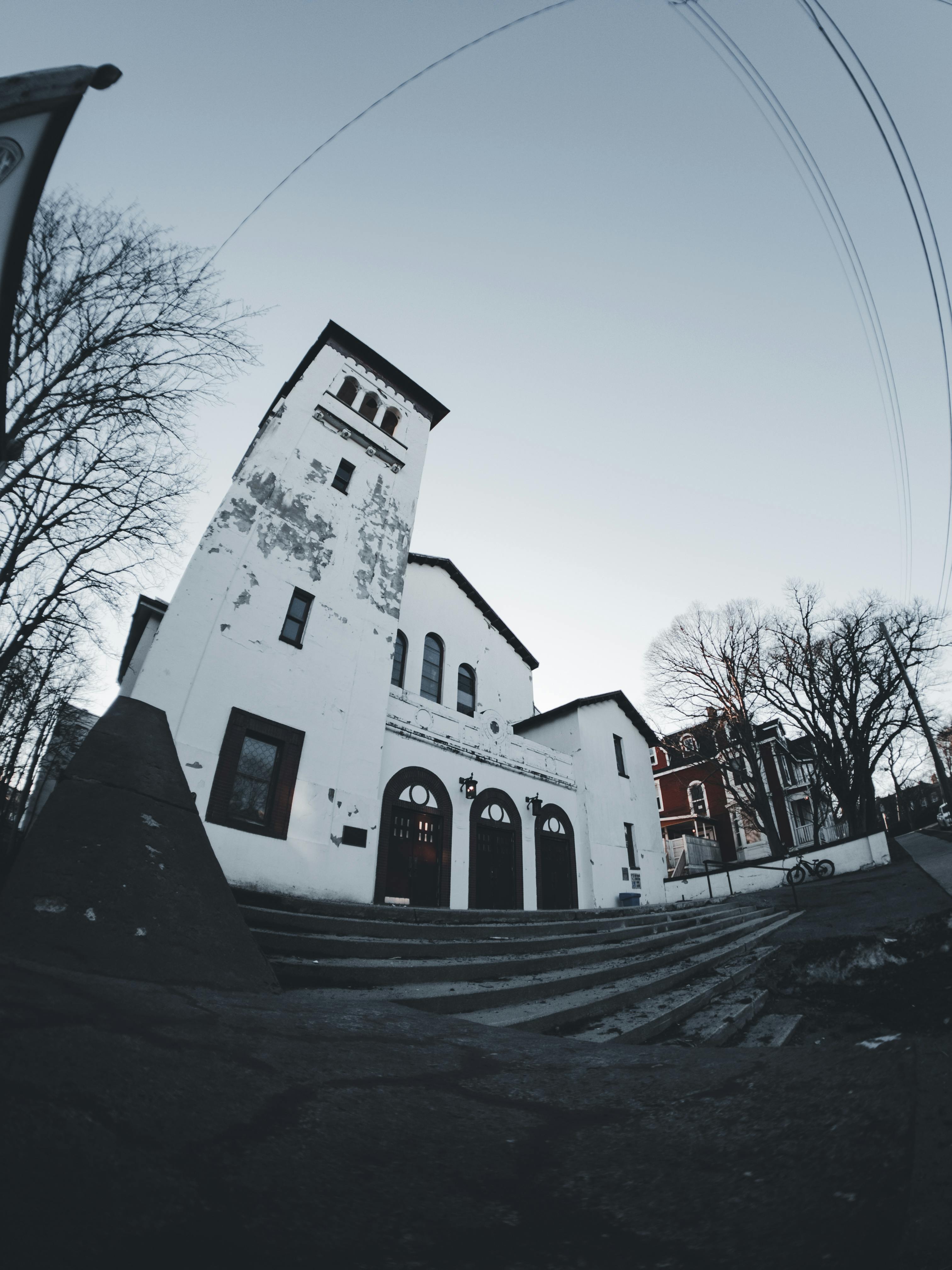 Fisheye view of a historic building facade in St. John's, Newfoundland and Labrador.