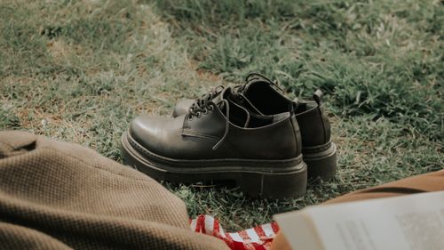 Free A pair of vintage leather shoes resting on green grass, captured in a rural outdoor setting. Stock Photo