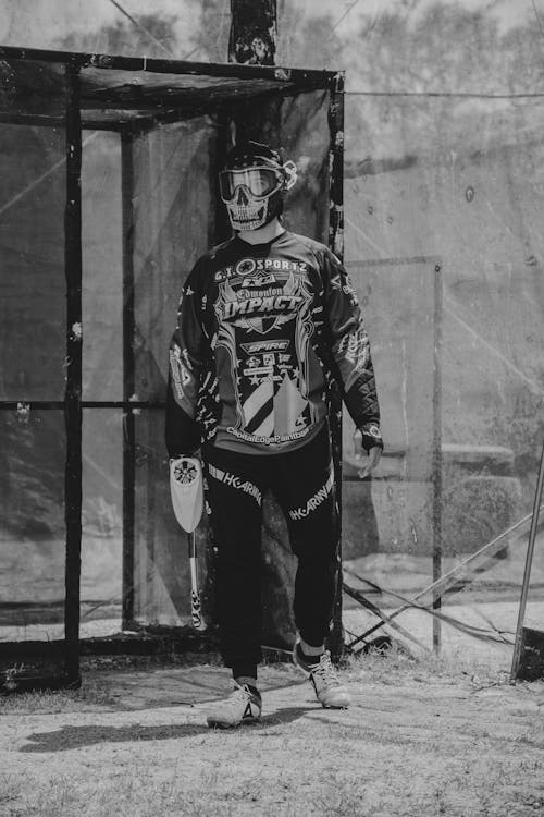 Man on Paintball Pitch in Black and White