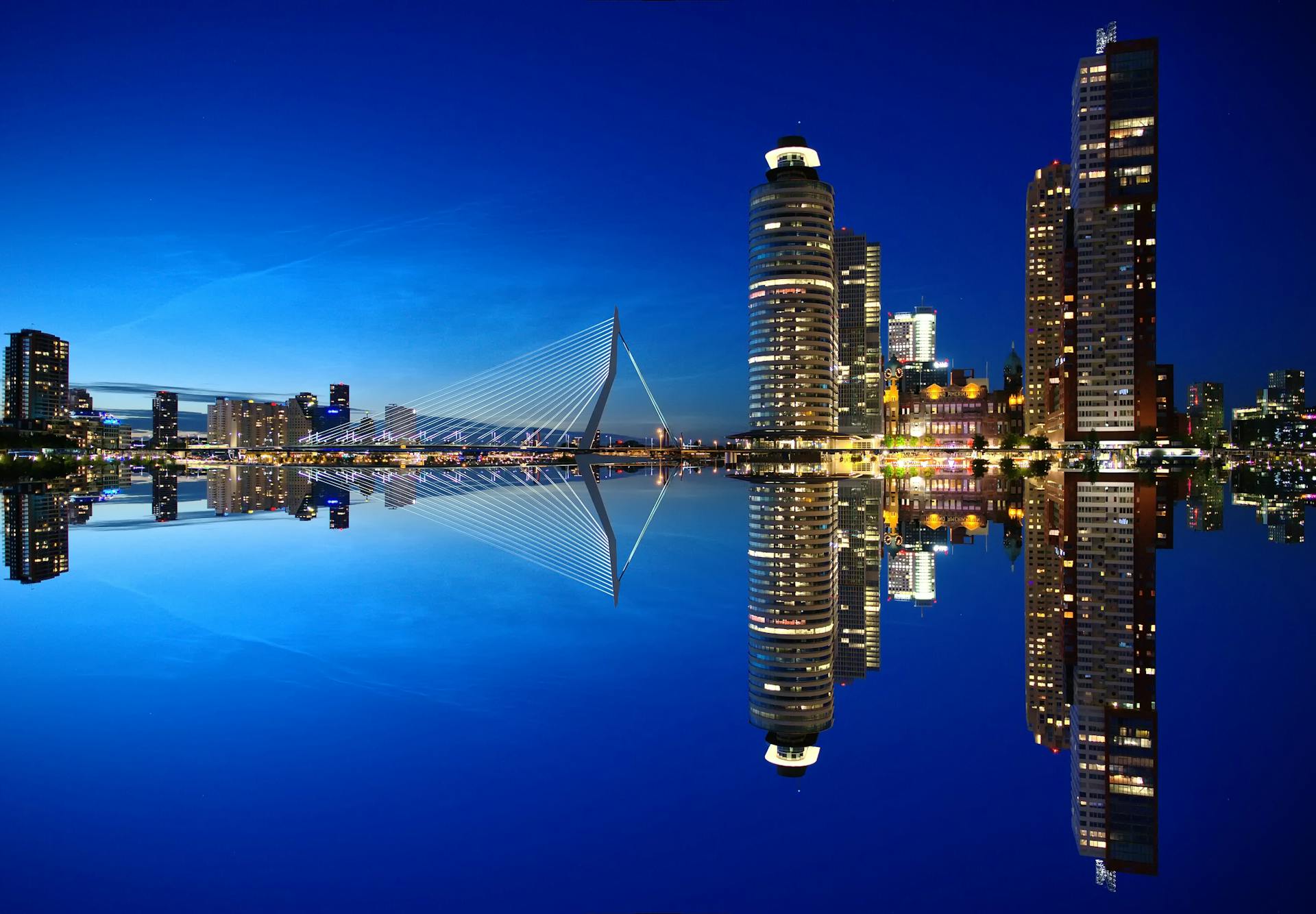 Beautiful night view of Rotterdam skyline with illuminated buildings and Erasmus Bridge reflection.