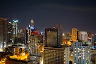 夜空中灯火辉煌的摩天大楼，丰富的城市生活，构成了动态的城市景观