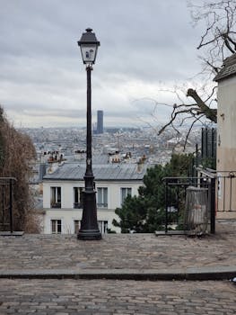 Explore a classic Parisian view from Montmartre, capturing the skyline and iconic Eiffel Tower.
