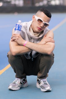 Fashionable young man in sunglasses squatting on an outdoor sports court holding a water bottle.