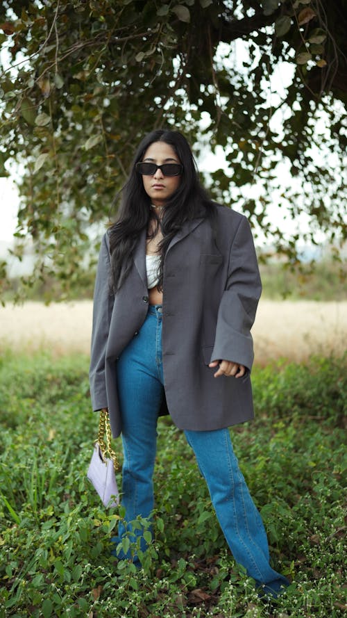 A Woman in a Grey Oversize Jacket