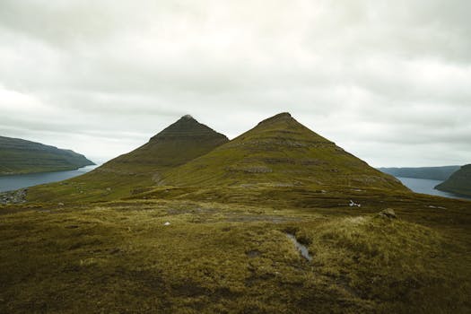 A serene view of two mountain peaks surrounded by lush green valleys under an overcast sky.