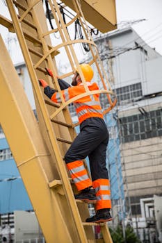 Male construction worker in safety gear climbing a yellow industrial ladder at a construction site.