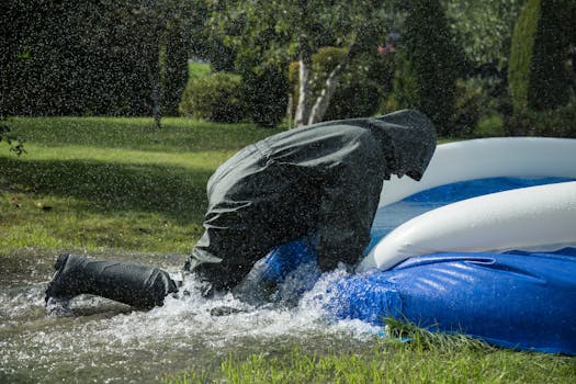 A person in rain gear leaning on an inflatable pool outdoors in wet conditions.