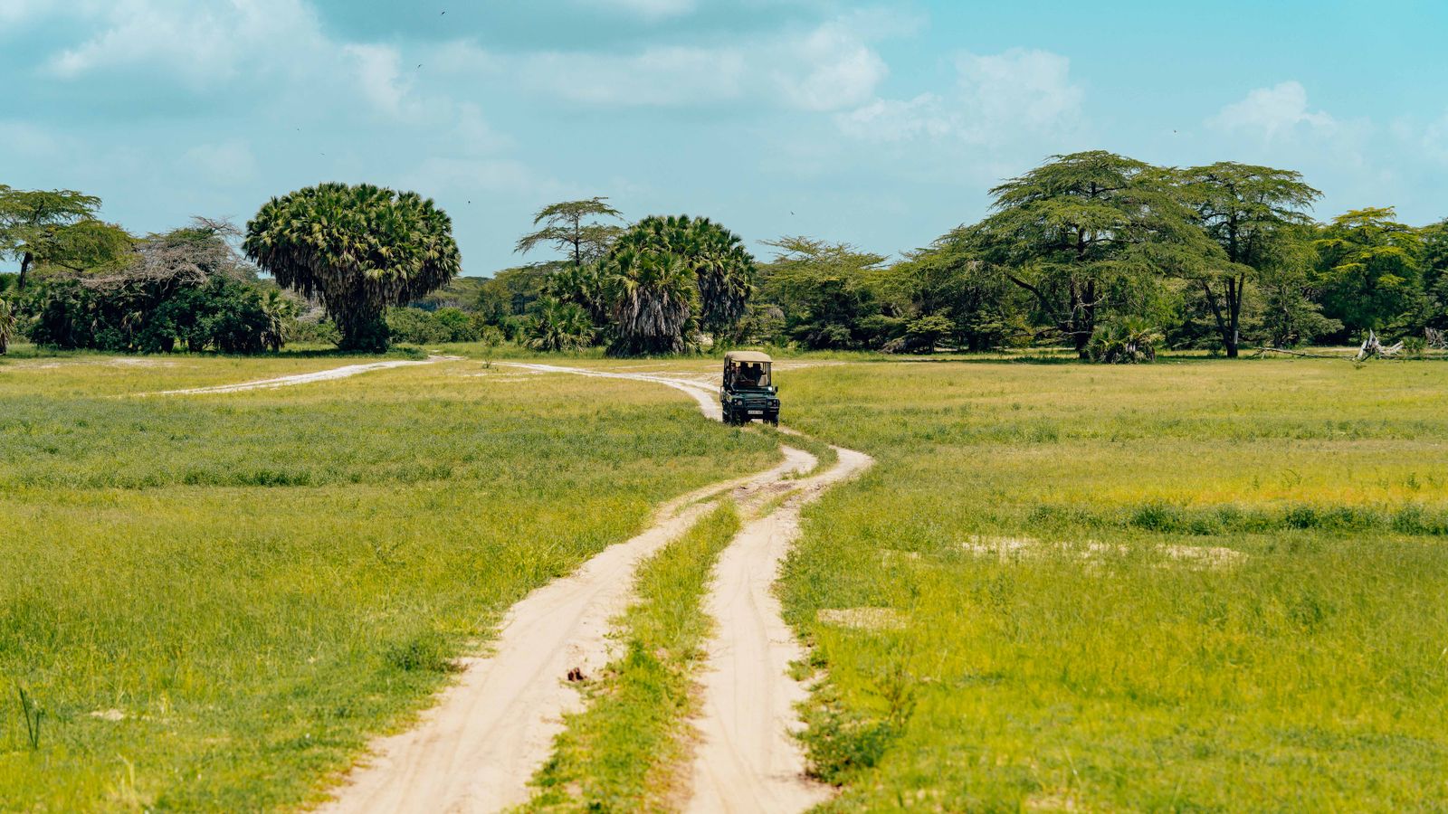 A safari vehicle on an unpaved road, Mozambique