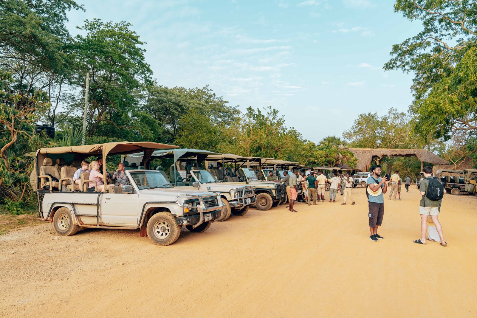 4x4 cars and people on dirt road in savannah