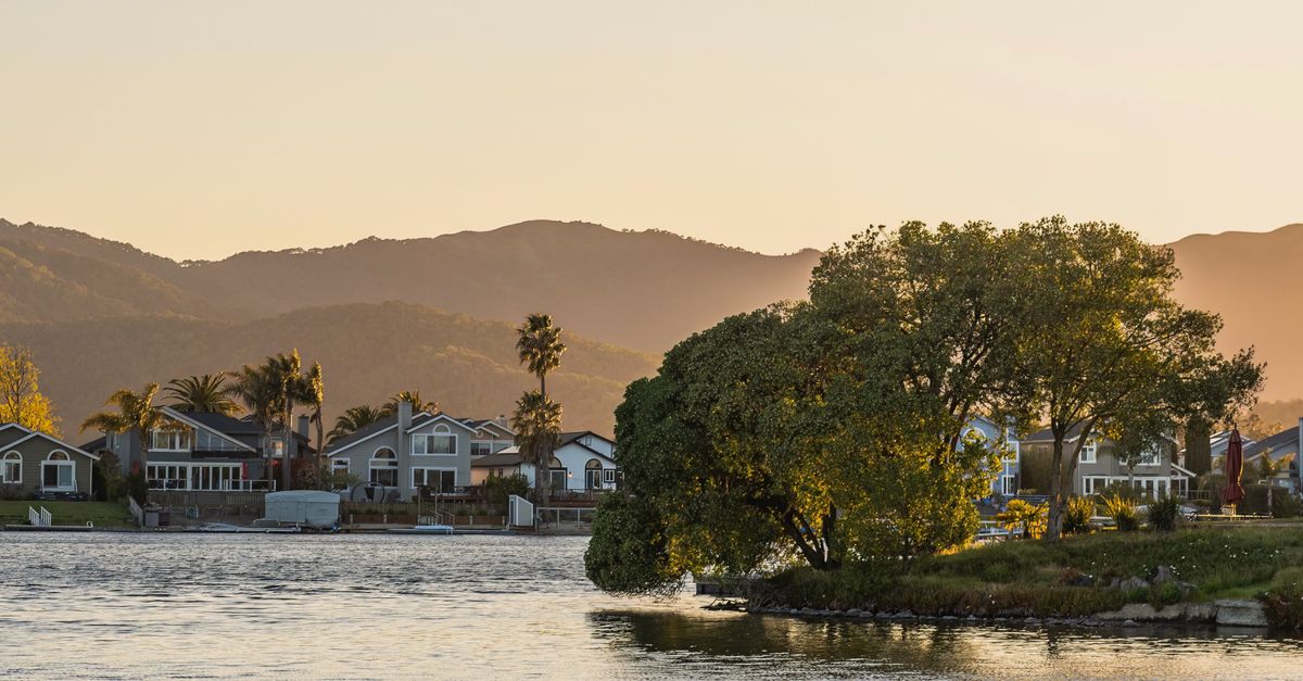 Picturesque lakeside town with a tree at sunset, capturing a tranquil atmosphere.