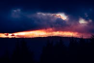 森林景观中，壮观的云层与树木的轮廓映衬着令人惊叹的日落