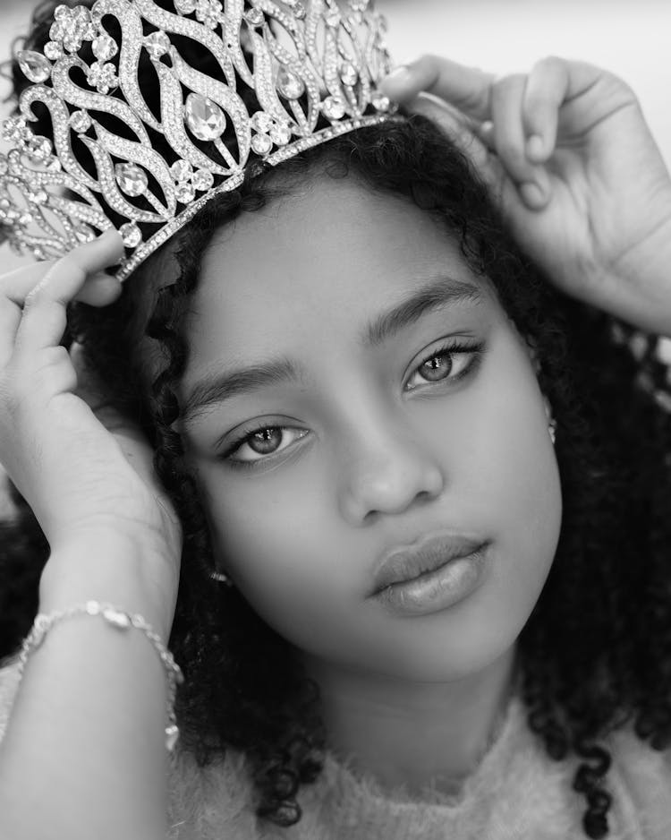 Black And White Portrait Of A Young Girl Wearing A Tiara 