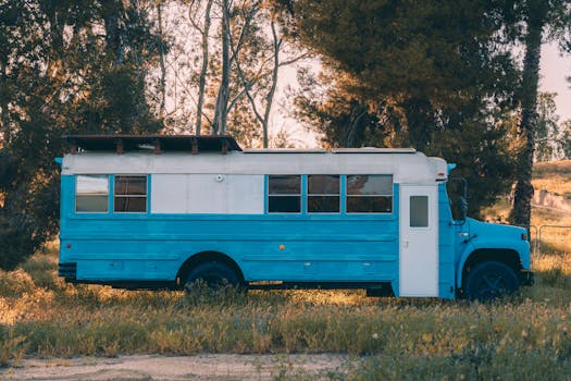 A retro blue school bus parked amidst lush trees in Temecula, California under a warm autumn sunset.