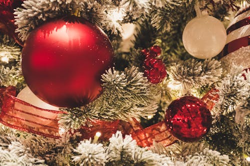 Red And White Christmas Balls Hanging oOn Christmas Tree