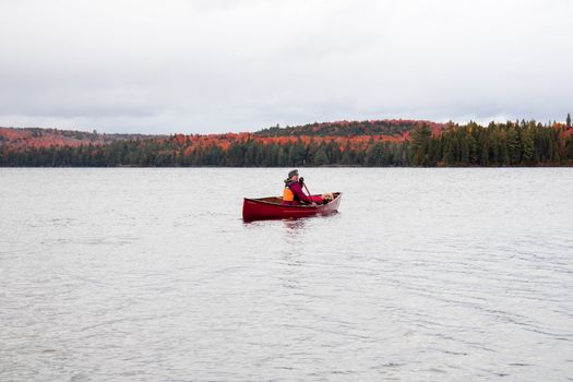 A Person with a Dog in a Boat on a Body of Water Surrounded with Autumnal Trees