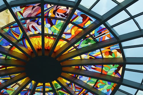 Free Blue Green and Pin Stained Glass Roof Decor Stock Photo