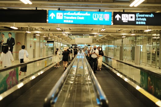 Passengers walk on a travelator in an airport arrival area, surrounded by signs and bright lighting.