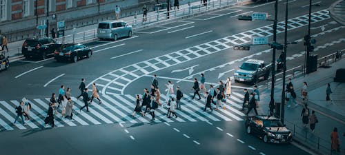 Aerial View of Pedestrians Walking on a Long Street Crossing in City 