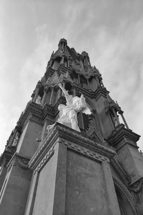 Sculpture at Facade of Gothic Church in Black and White