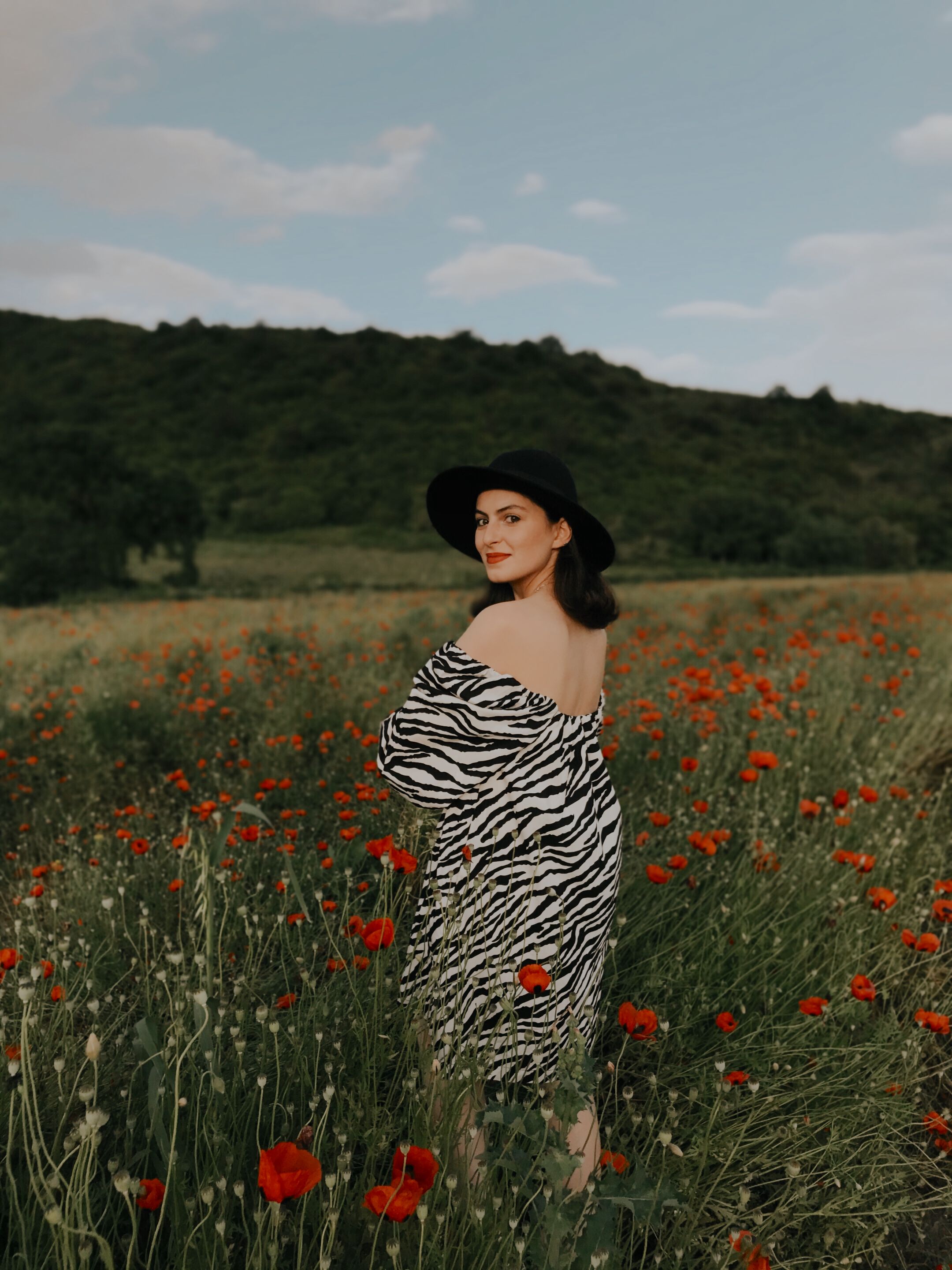 Woman in a Dress and Hat Posing on a Poppy Field · Free Stock Photo