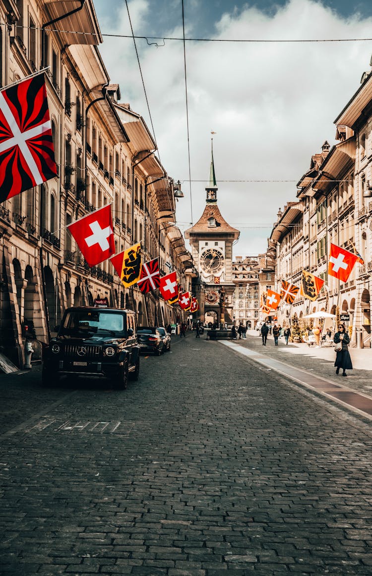 Street In Bern Decorated With Swiss Flags