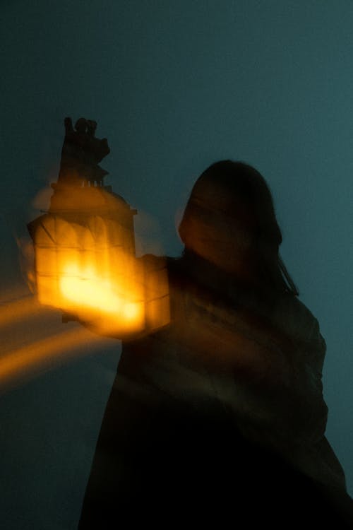 Silhouette of Woman Holding Lantern in Night