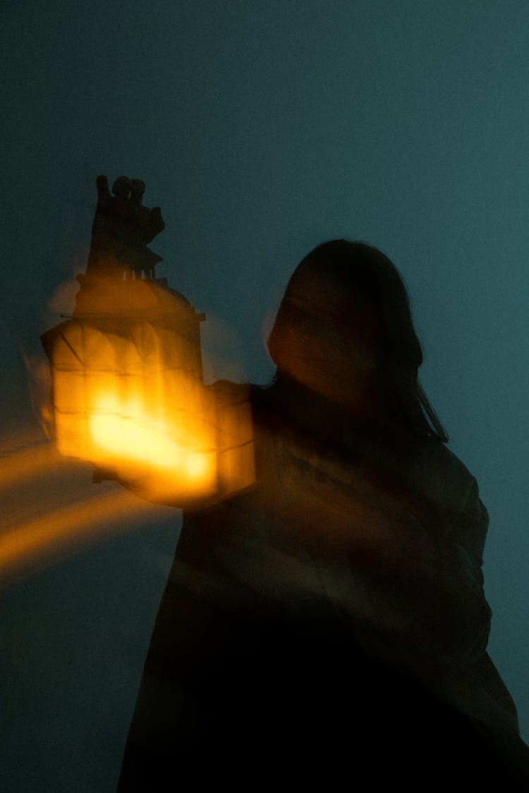 Silhouette Of Woman Holding Lantern In Night