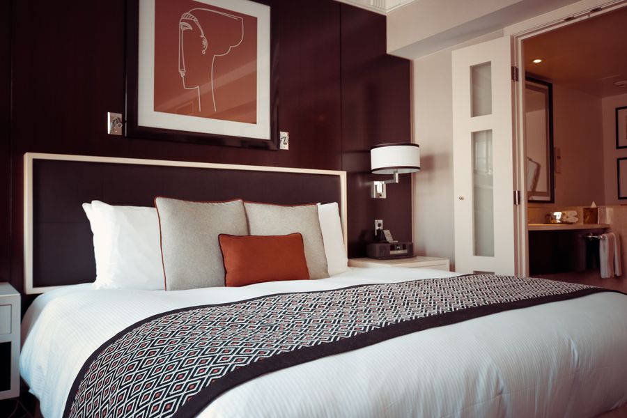 Hotel room with bed and desk