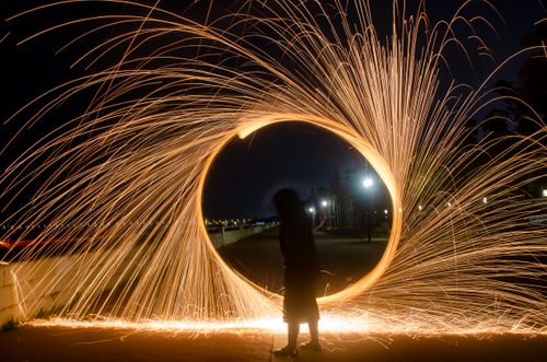 Free Captivating night photo of a silhouette with spinning steel wool, creating sparkles and mesmerizing patterns. Stock Photo