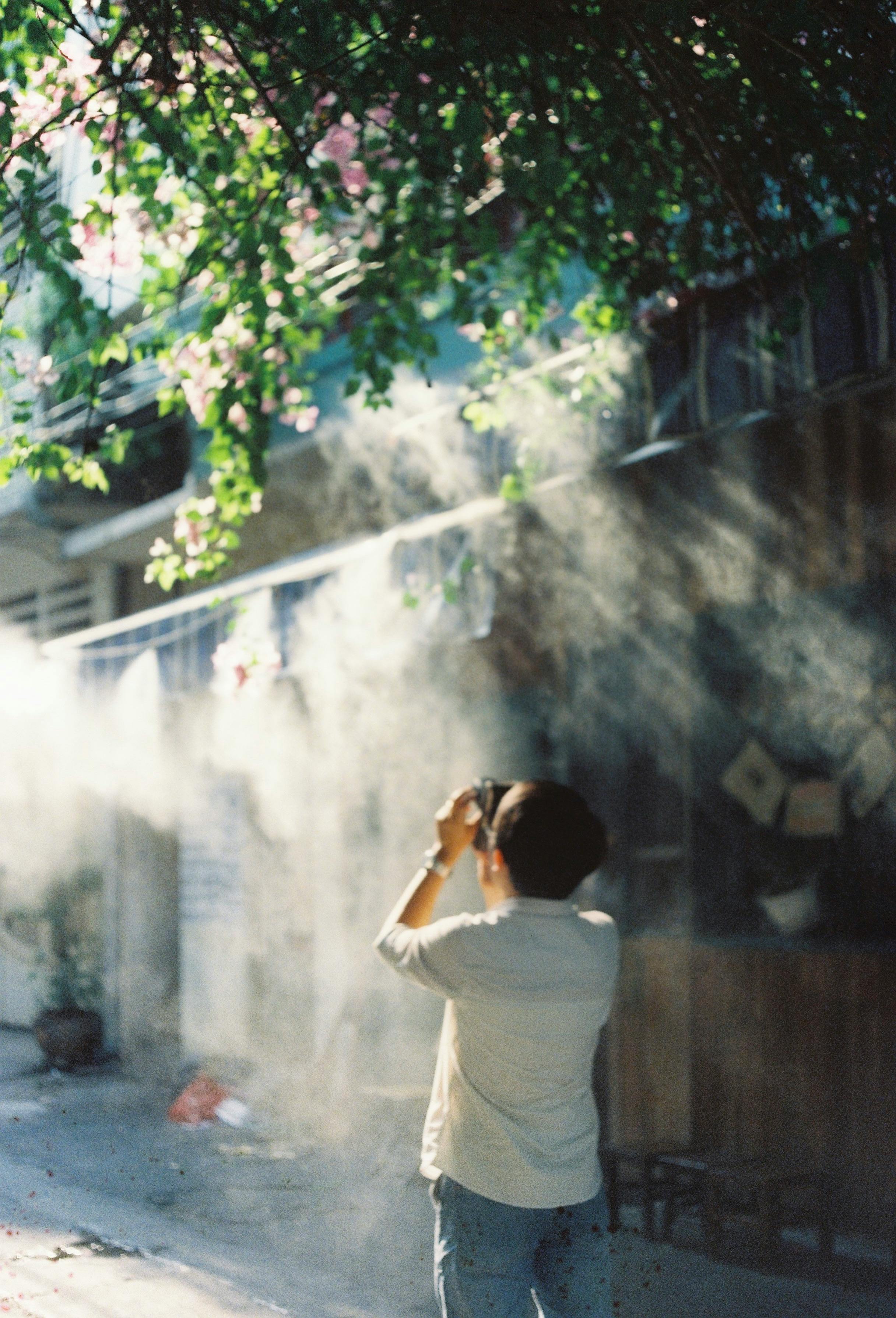 A person photographs a sunlit street scene adorned with trees and atmospheric steam.