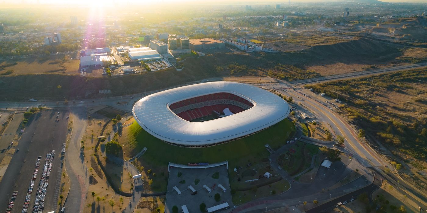 Aerial view of a packed soccer stadium during a major international tournament
