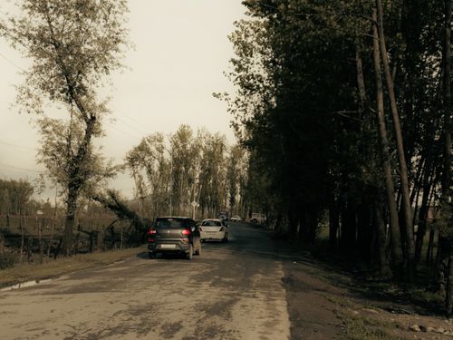 Free A serene country road with cars driving through a lush forest in Sumbal. Stock Photo