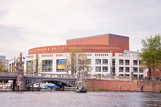 Amsterdam Opera House with distinctive architecture by a canal bridge under a bright sky.