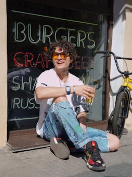 Casually dressed young man sits by city cafe window, enjoying a sunny day with a cold drink.