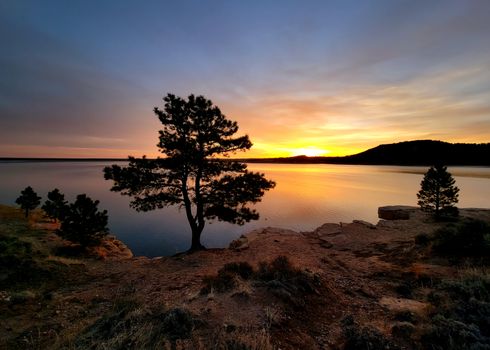 Serene sunset over Glendo Reservoir with silhouetted trees and vibrant skies.