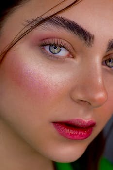 Close-up of a woman's face with vibrant makeup and clear skin, emphasizing fashion and beauty.