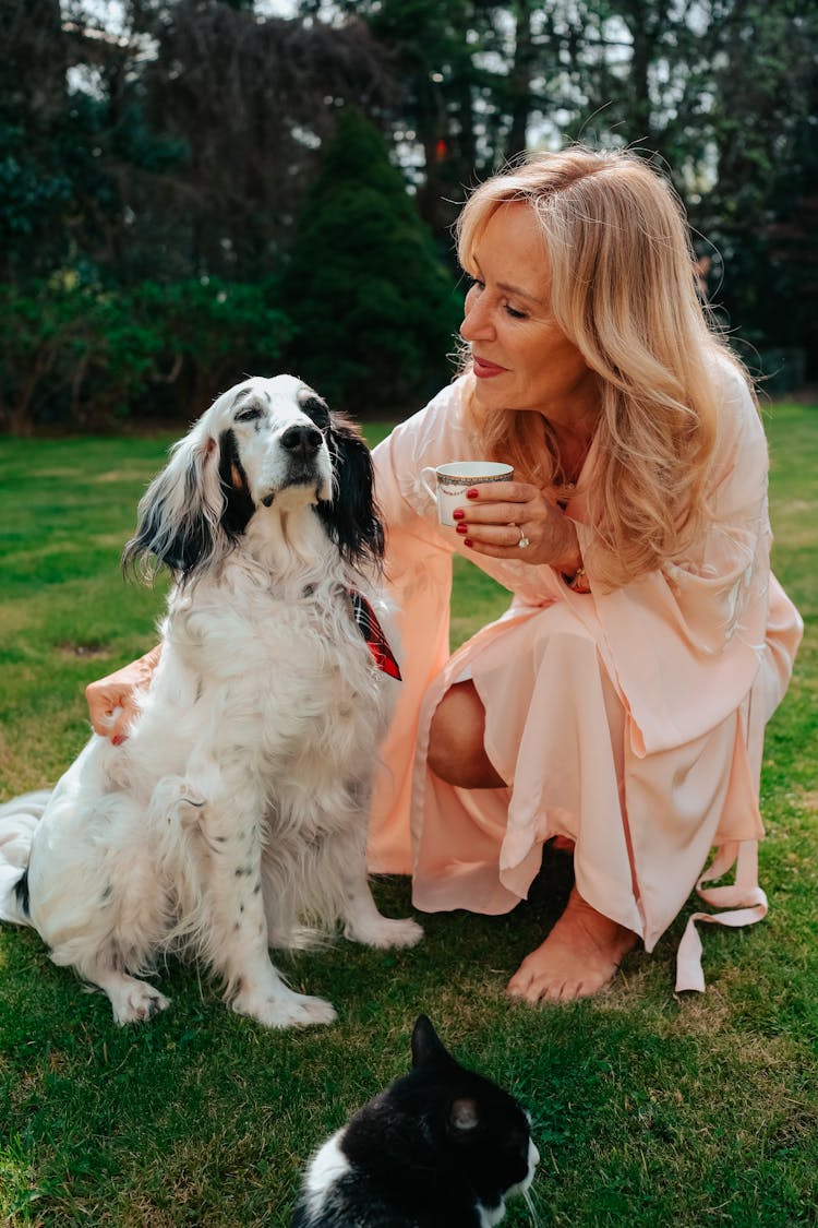 Blonde Woman With Dog And Cat