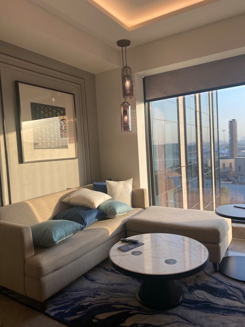 Free View of a Modern Living Room in an Apartment on a High Floor  Stock Photo