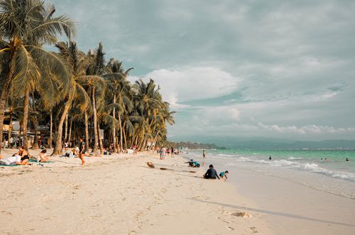 Free Scenic view of a tropical beach lined with tall palm trees and people enjoying the sand and sea. Stock Photo