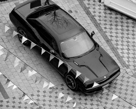 Aerial view of a classic Dodge muscle car parked on a brick path in Istanbul.