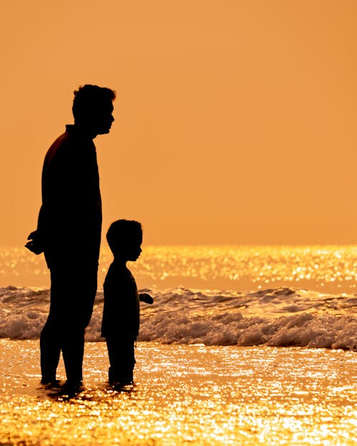 Silhouette of Father and Son on Sea Shore at Sunset