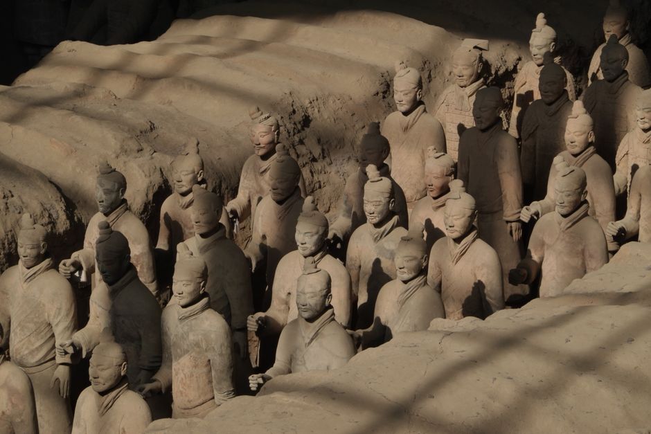 High-angle view of the terracotta army in Xi'an, China, a UNESCO World Heritage site.