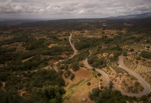 Aerial shot capturing a winding road through lush countryside, ideal for rural landscape themes.